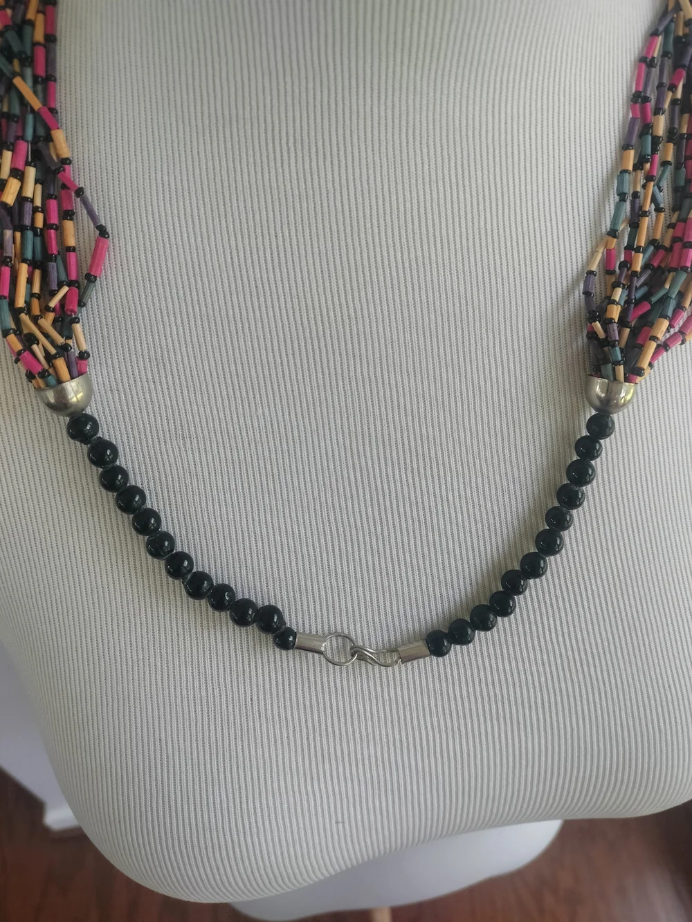 Multistrand Pink, Black & Blue Beaded Necklace Vintage 24
